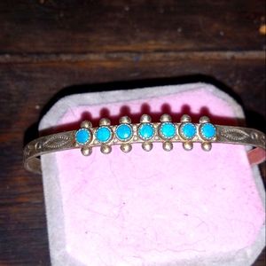 Native AmericanZuni Turquoise Petit Point Sterling Silver Stamped Bracelet